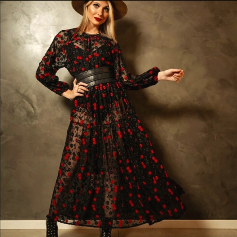 ZARA NWT Lace Embroidered Black Red Floral Dress
